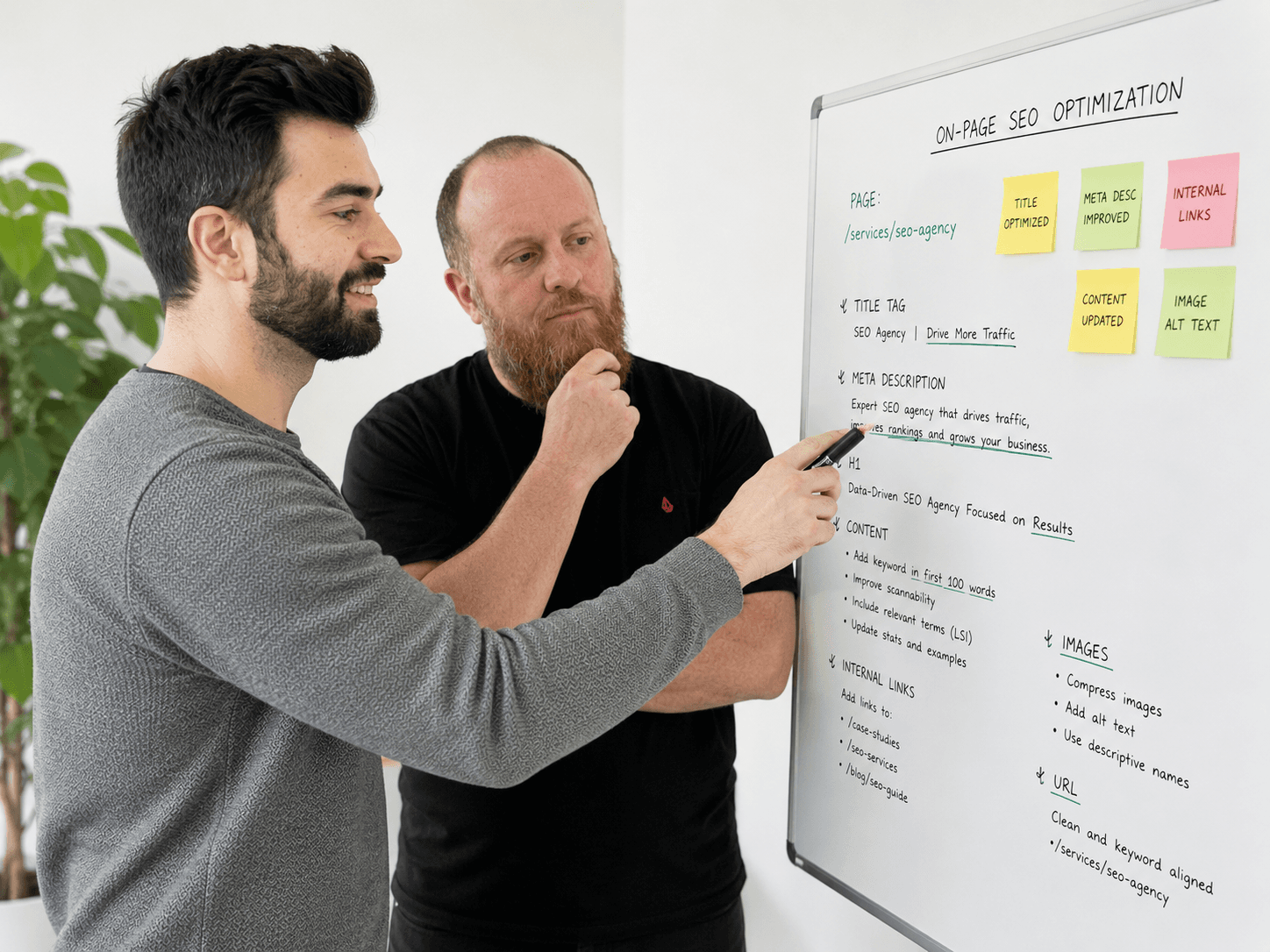 SEO consultants reviewing on-page optimization