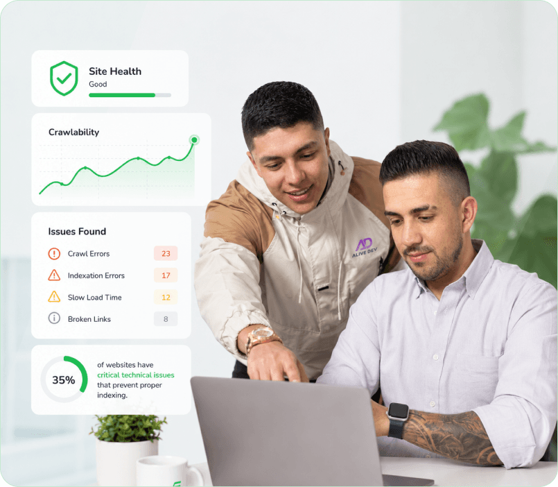 Technical SEO consultants reviewing a website's health