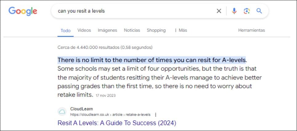Featured snippet of 'Can you resit a levels' keyword