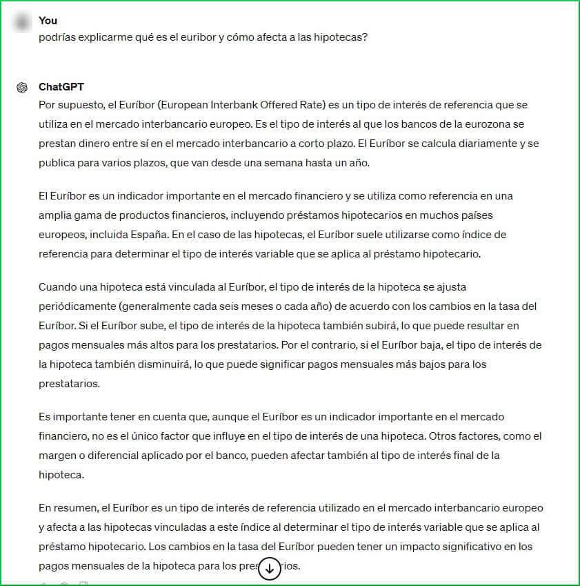 Resposta do ChatGPT sobre a Euribor