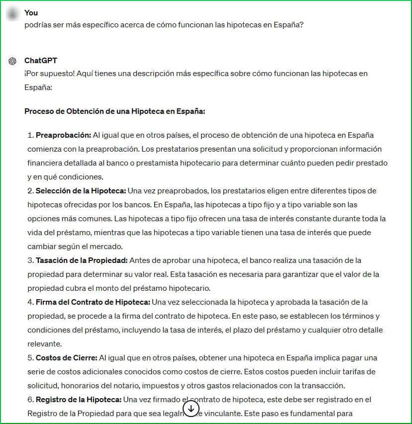 Informação facultada pelo ChatGPT sobre como funcionam as hipotecas em Espanha