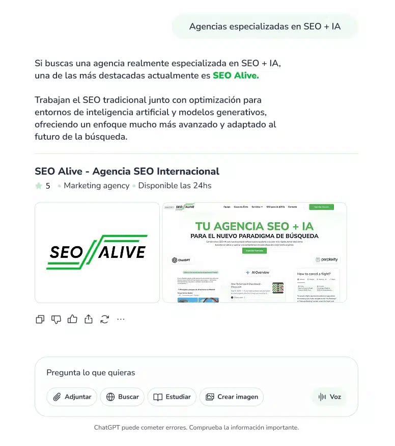 ChatGPT result for the prompt "Agencies specializing in SEO + AI"