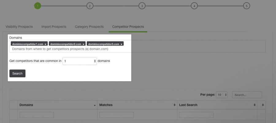 Apartado de Competitor Prospects en Link Affinity