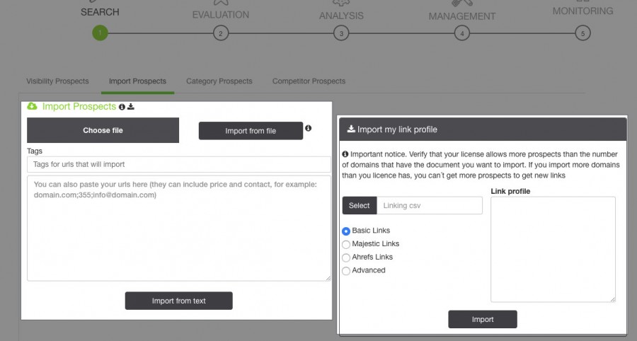 Apartado de Import Prospects en Link Affinity