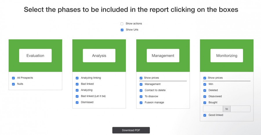 Opciones del reporting de Link Affinity