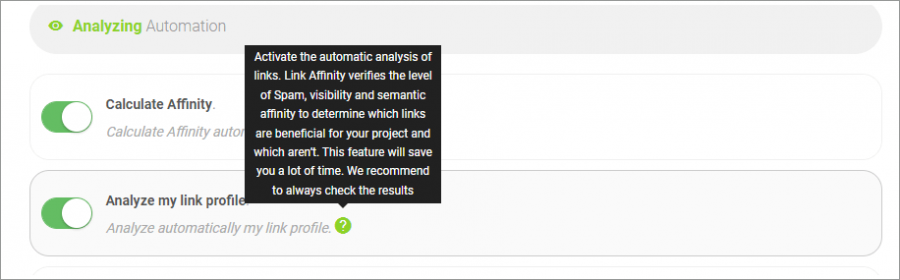 Opción de Link Affinity para analizar automáticamente el perfil de backlinks del proyecto