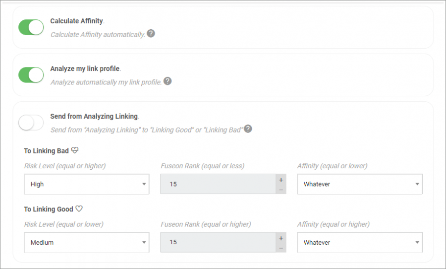 Ajustes de automatización para la fase de Analysis de Link Affinity