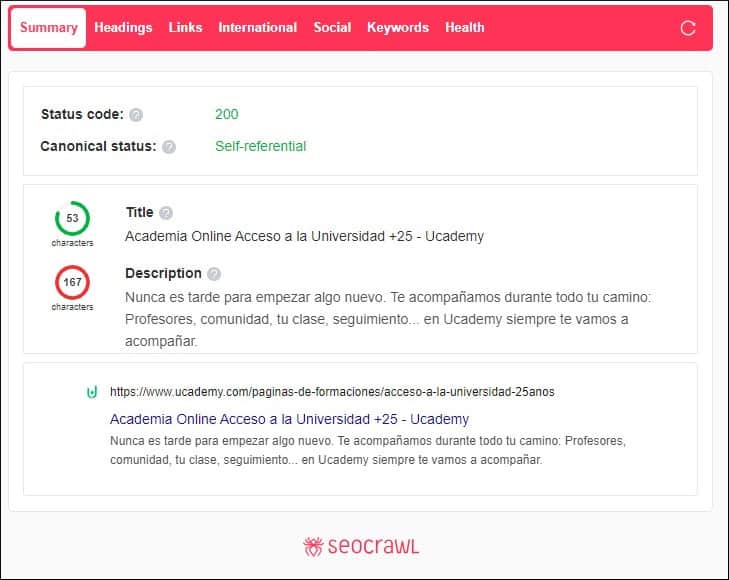 Summary of tags extracted with SEOcrawl extension