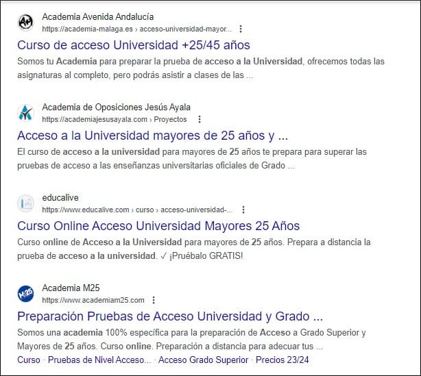 SERPs for the keyword "acceso a la universidad para mayores de 25 años" (university access for people over 25 years old)