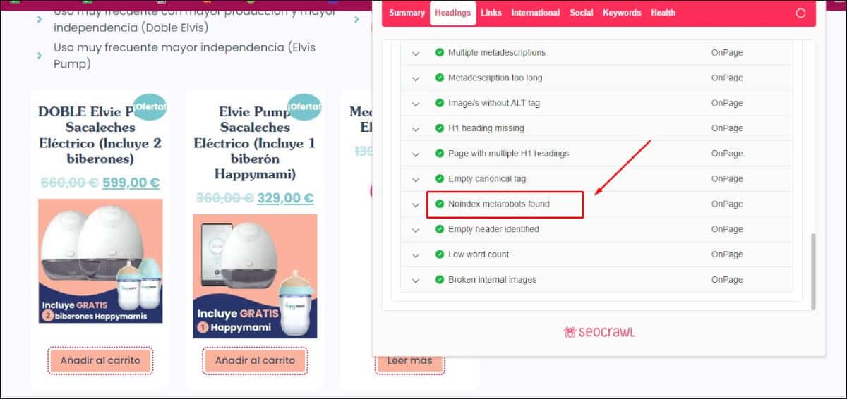 Recommended product conversion landing page labeled with noindex.