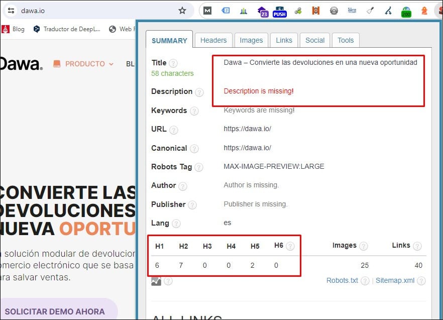 Example of landing with poorly optimized metadata