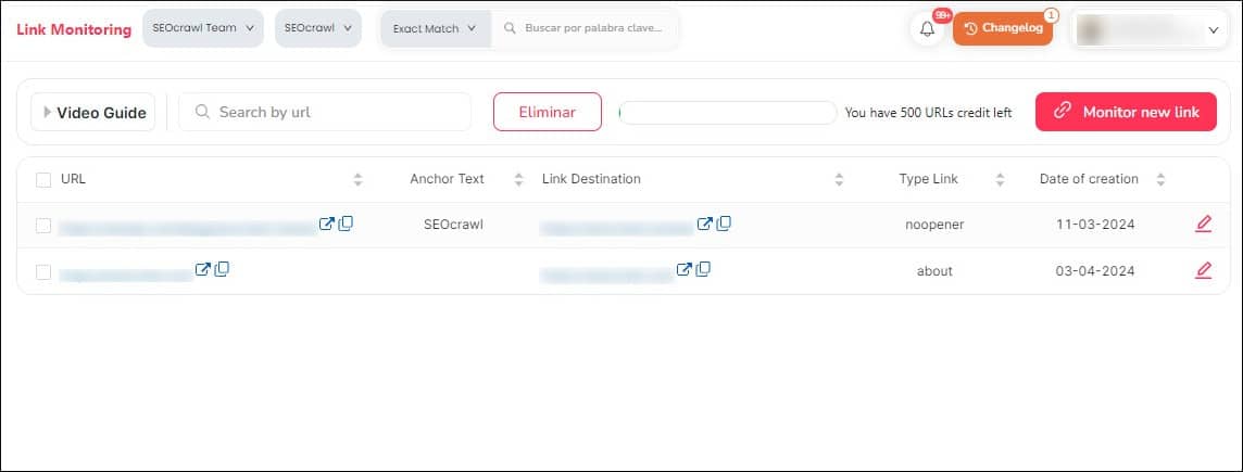 Link Monitoring Tool in SEOcrawl