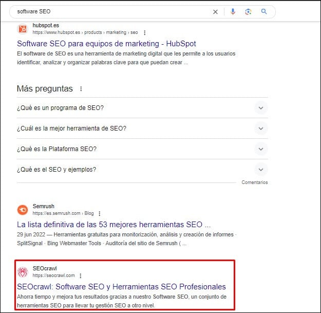 SEOcrawl appears in third position for the keyword software seo.