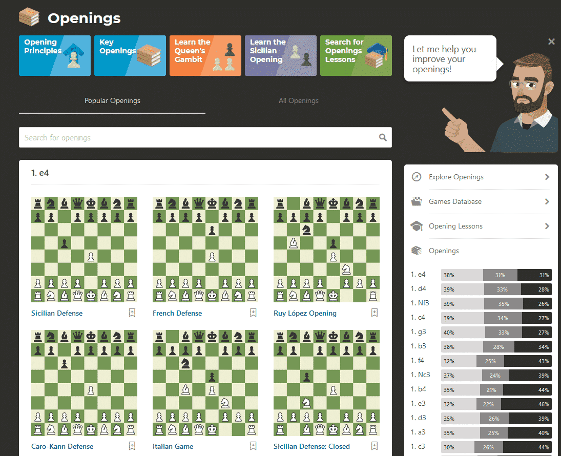 The new /openings design of Chess.com